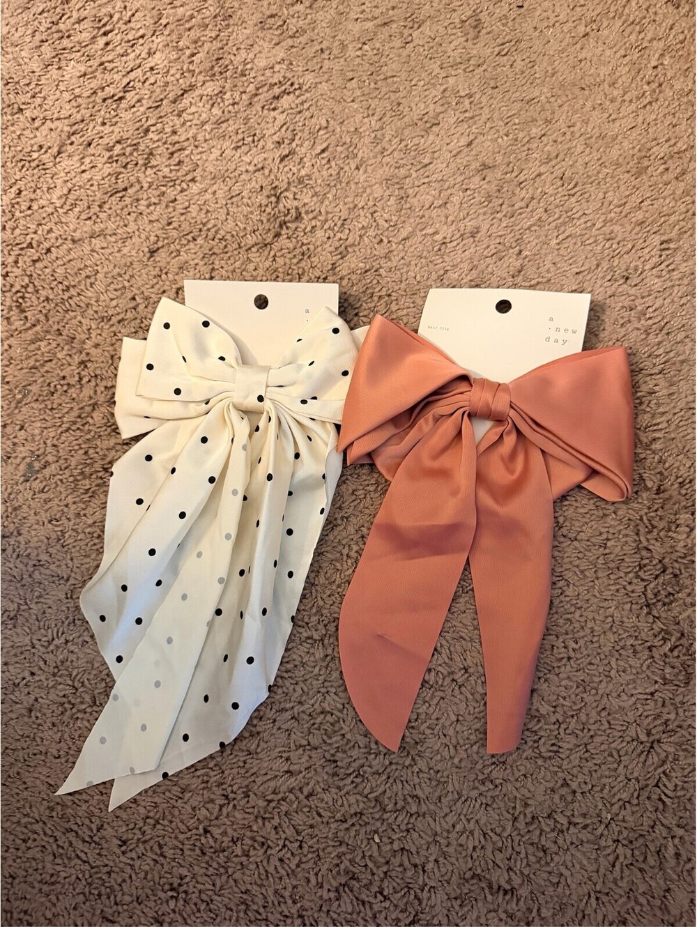 A New Day Satin Hair Bow Clips Long Ribbon Cream Polka Dot Peach 2 Pack